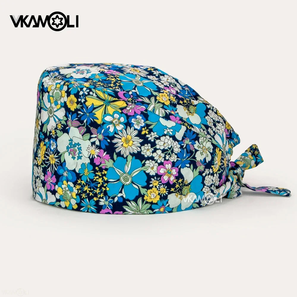 Flower Printing Scrub Caps Dental Print Scrubs Hat 100% Cotton Women Men Dust Proof Vet Dentist  Working Hats Tie Back Cap