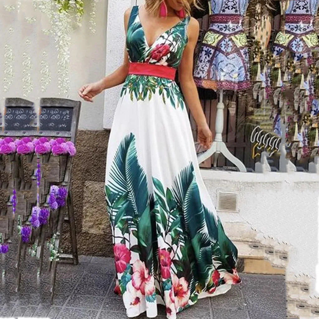 Summer Dresses Wedding Party Bridesmaid Deep v Neck Sleeveless Long Dresses High Collect Waist Bohemian Print Maxi Dress платье - My Store