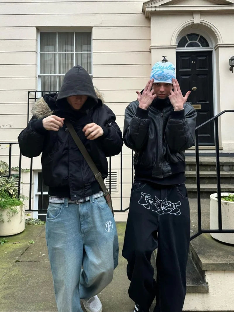 Y2k Men Retro Harajuku Clothing  New Baggy Casual Wide Leg Jeans Hip Hop Print Jeans Trend Fashion Black High Waist Jean