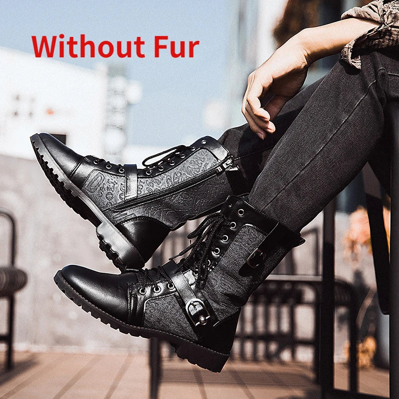 Winter Pointed Toe Men's Mid-Calf Boots Buckle Strap Chelsea Boot for Men Leather Mens Motorcycle Boots High Top Man Winter Shoe