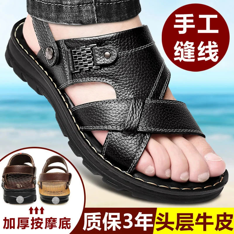 Men's Sandals 2023 Summer New Non-Slip Genuine Leather Sandals Soft Slippers Zapatos Flat for Mens Casual Shoes Sandalias Hombre