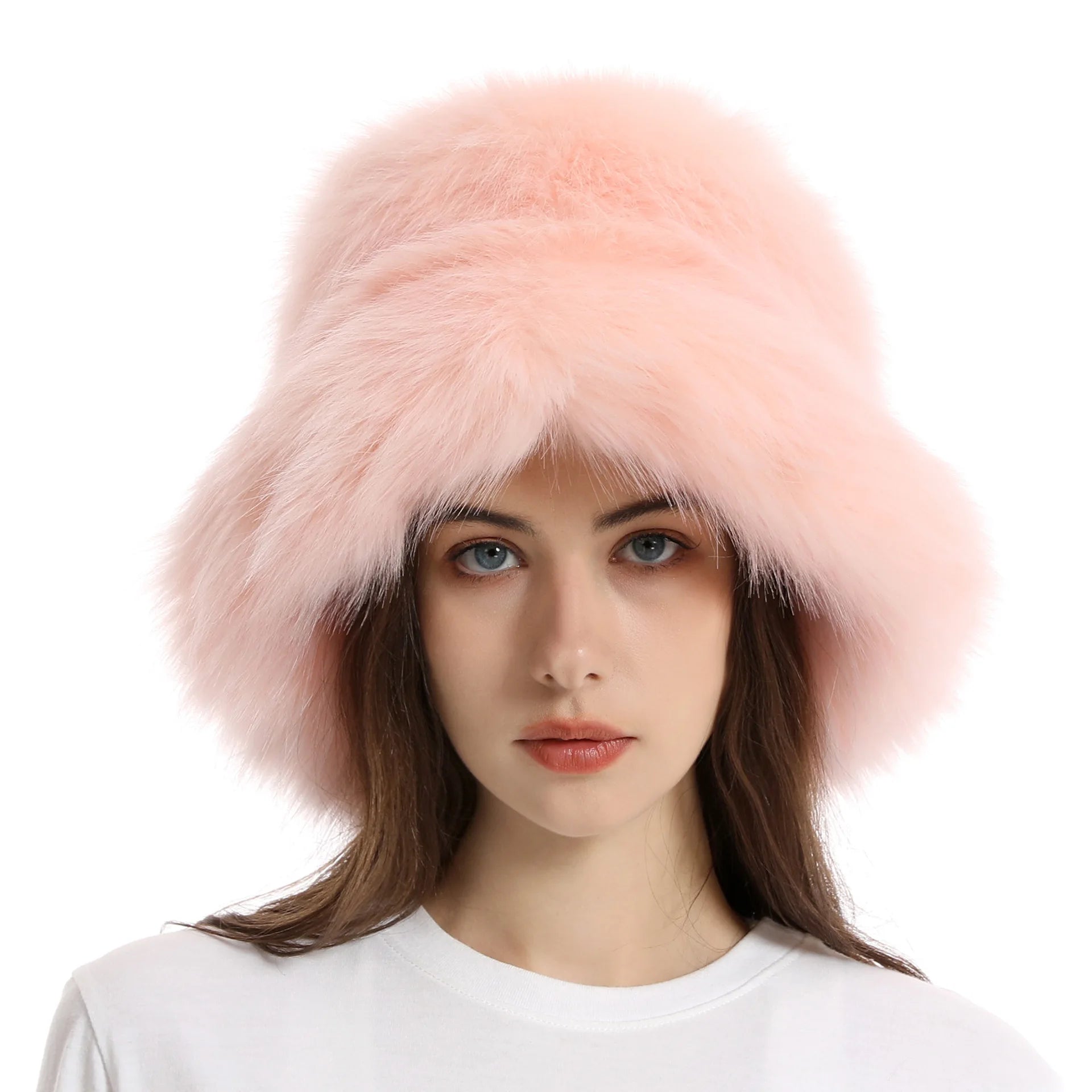Warm Plush Bucket Hat Women Oversize Earflaps Fluffy Faux Fur Hats Fashion Furry Raccoon Fur Cotton Hat Winter Solid Color Hats