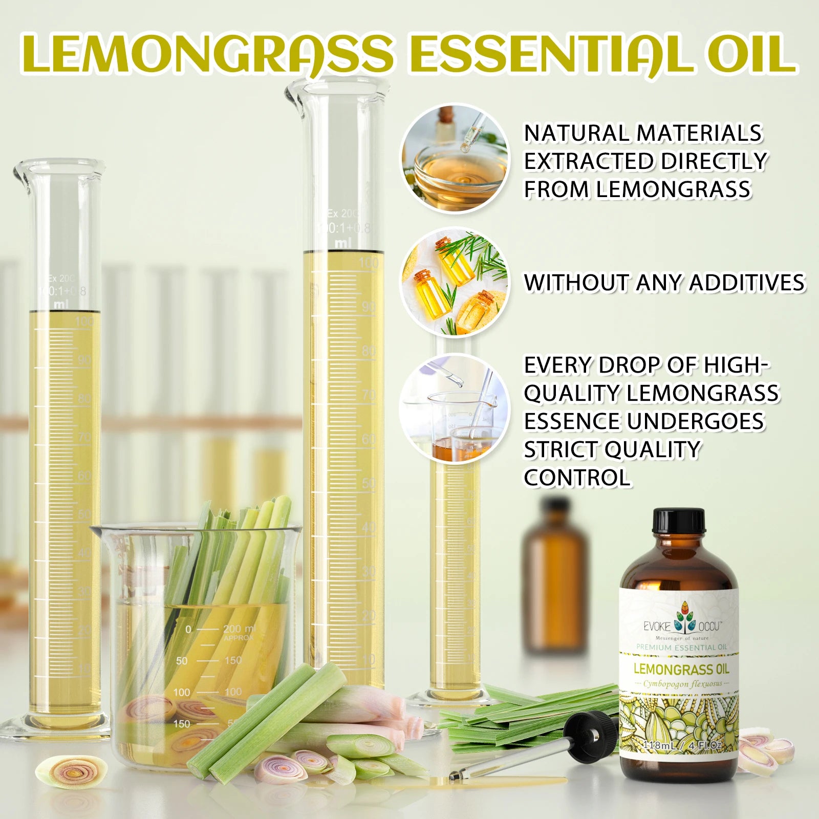 EVOKE OCCU Lemongrass Essential Oils, 118ml/4 Fl.Oz. Premium Plant Oil for Diffuser, Candle Soap Making, Skin, Hair, Massage,