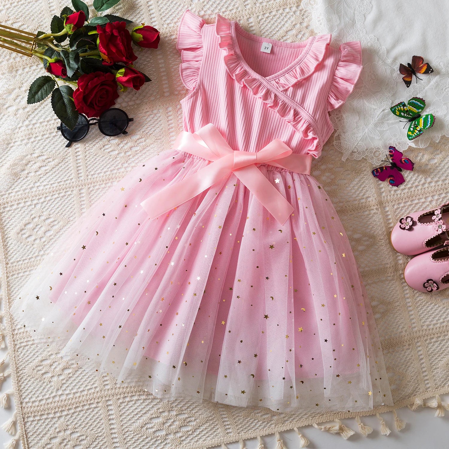 Summer Dress for Kids Girls 3-8 Years Ruffles Sleeves Elegant Princess Dresses Girls Wedding Birthday Party Casual Sweet Dresses - My Store