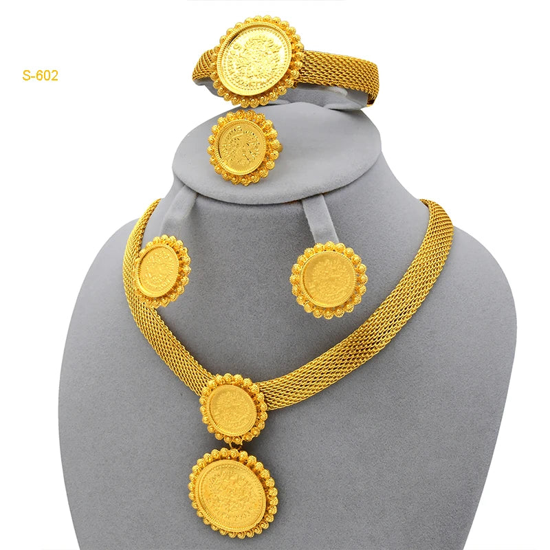 XUHUANG African Necklaces Bracelets Earing Sets Nigerian Wedding Jewelry Set Ethiopian Gold Colour Necklace Jewellery Set Gifts