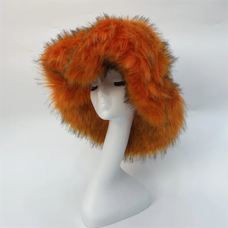 Winter Warm Plush Bucket Hat Women Oversize Earflaps Fluffy Faux Fur Hats Fashion Furry Raccoon Fur Cotton Hat Solid Color Hats