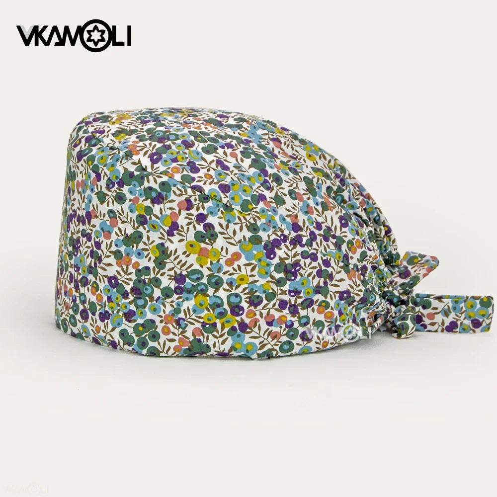 Flower Printing Scrub Caps Dental Print Scrubs Hat 100% Cotton Women Men Dust Proof Vet Dentist  Working Hats Tie Back Cap