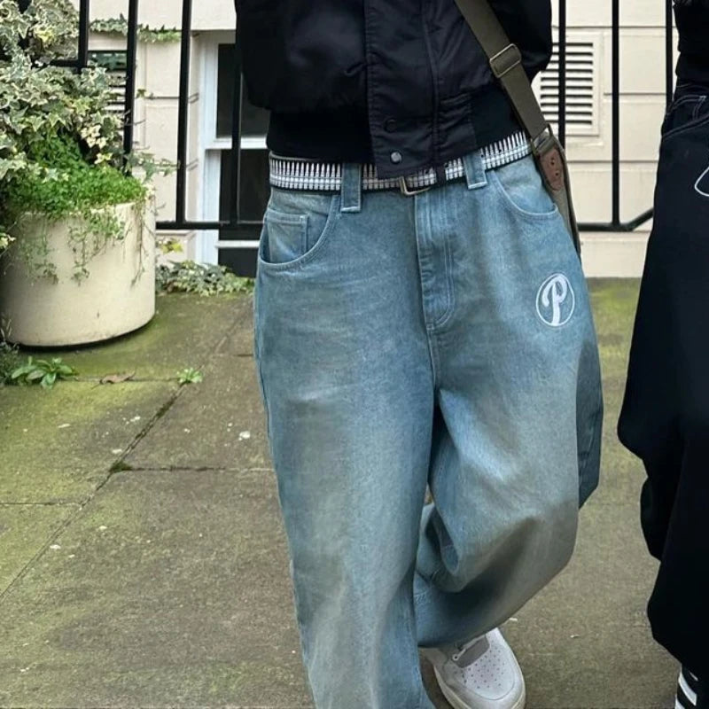 Y2k Men Retro Harajuku Clothing  New Baggy Casual Wide Leg Jeans Hip Hop Print Jeans Trend Fashion Black High Waist Jean