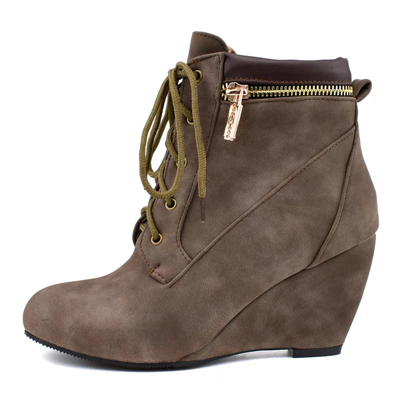 Winter Women Snow Boots Round Toe Lace Up Casual Wedge Ankle Boots for Women Shoes High Heels Women Motorcycle Boot Large Size