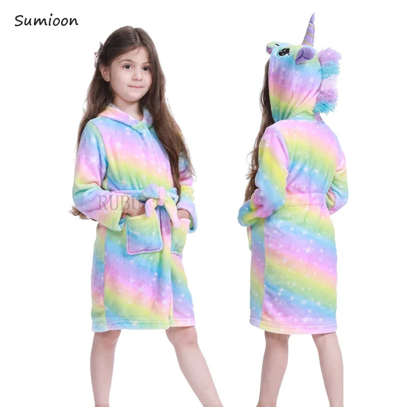 New Children Bath Robe Baby Towel Children's Unicorn Hooded Bathrobes for Boys Girls Pajamas Kids Sleepwear Bath Robes Fox Wolf