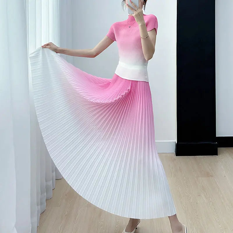 Elegant Two Piece Skirt Set Costume Women's Suit Skirts Pleated Skirt  Female Outfit Women's Casual Skirts Blouses Wrinkle Set