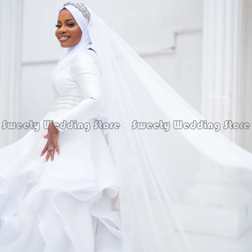 Modest Muslim Wedding Dress White Long Sleeves O Neck Ruffles Organza Ball Gown Bridal Dresses No Hajab Africa Gowns - My Store