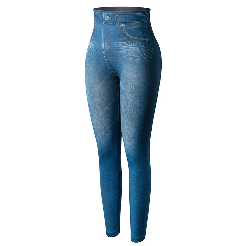 Women Jeggings Faux Denim Jeans Leggings High Waisted Tummy Control Slim Leggins Printed Pencil Pants Seamless Skinny Trousers