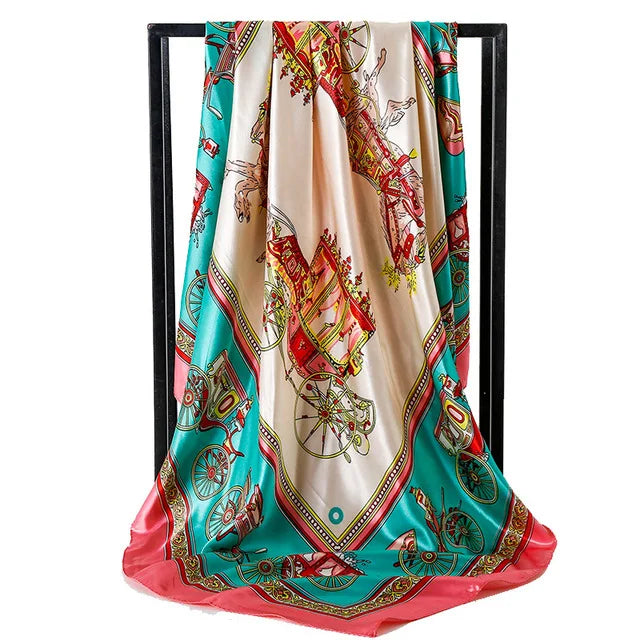 90cm Fashion Silk Satin Scarf for Women Headband Floral Print Kerchief Hijab Scarves Fermale Square Shawls and Wraps Neck Scarfs
