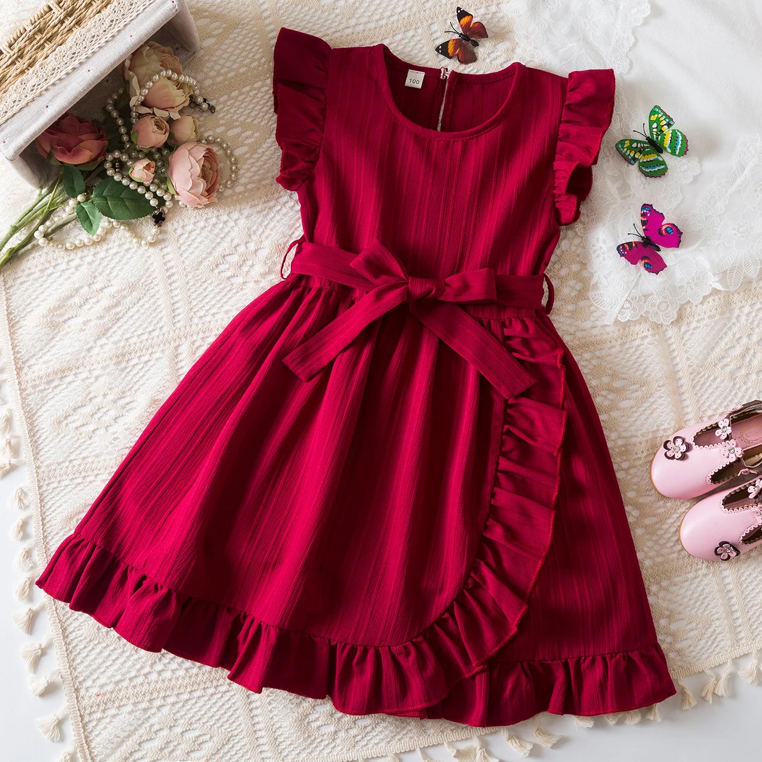 Summer Dress for Kids Girls 3-8 Years Ruffles Sleeves Elegant Princess Dresses Girls Wedding Birthday Party Casual Sweet Dresses - My Store