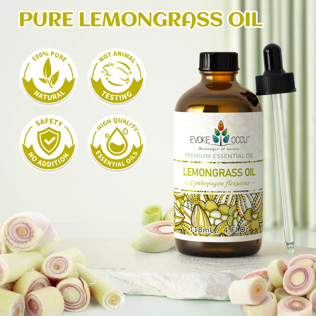 EVOKE OCCU Lemongrass Essential Oils, 118ml/4 Fl.Oz. Premium Plant Oil for Diffuser, Candle Soap Making, Skin, Hair, Massage,