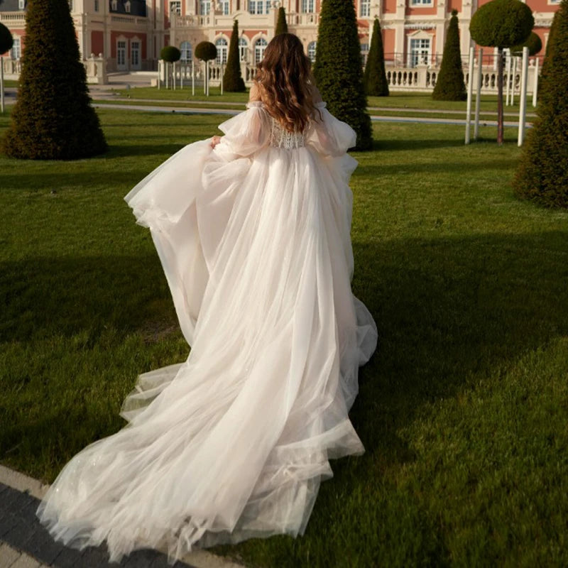 LSYX Customized A-Line Wedding Dresses Elegant Off the Shoulder Puff Sleeve Evening Dress High Split Beach Boho Wedding Dress - My Store