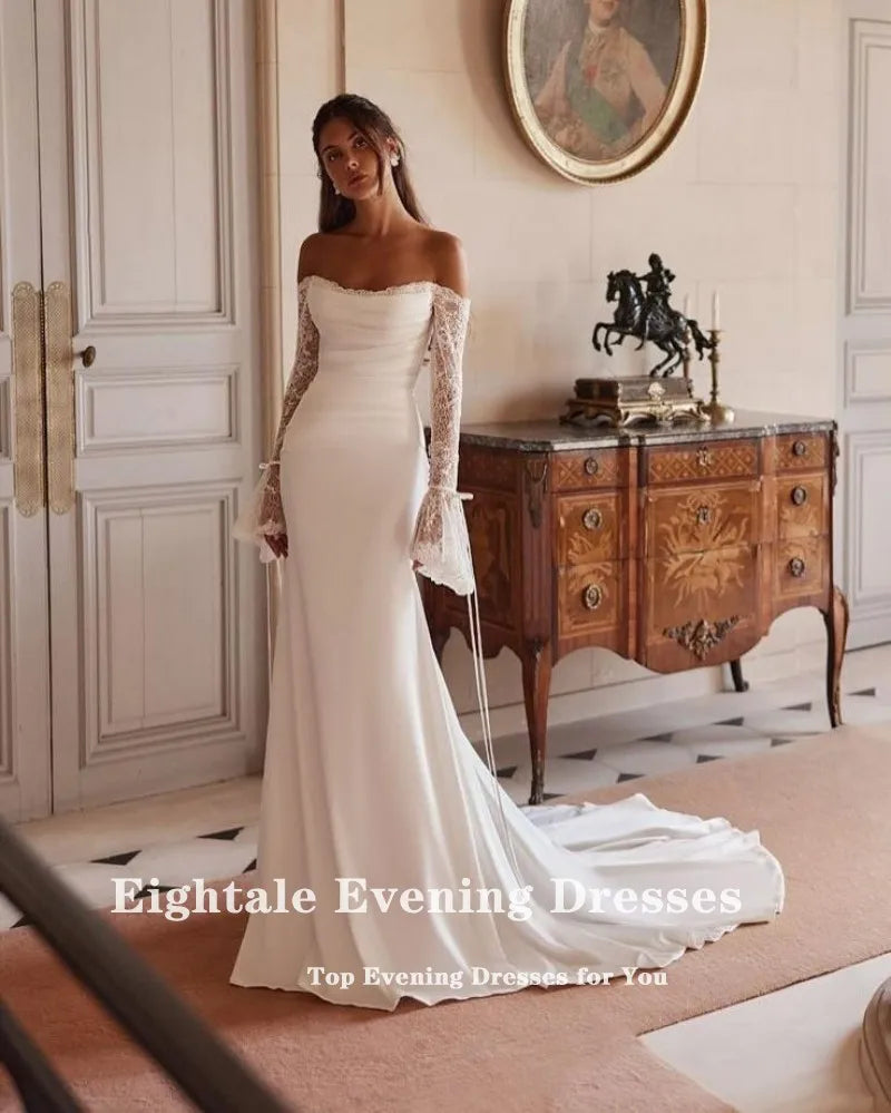 Eightale Boho Arabic Wedding Dress Scoop Lace Customized White Ivory Long Sleeves Mermaid Bridal Gown Robe De Mariée - My Store
