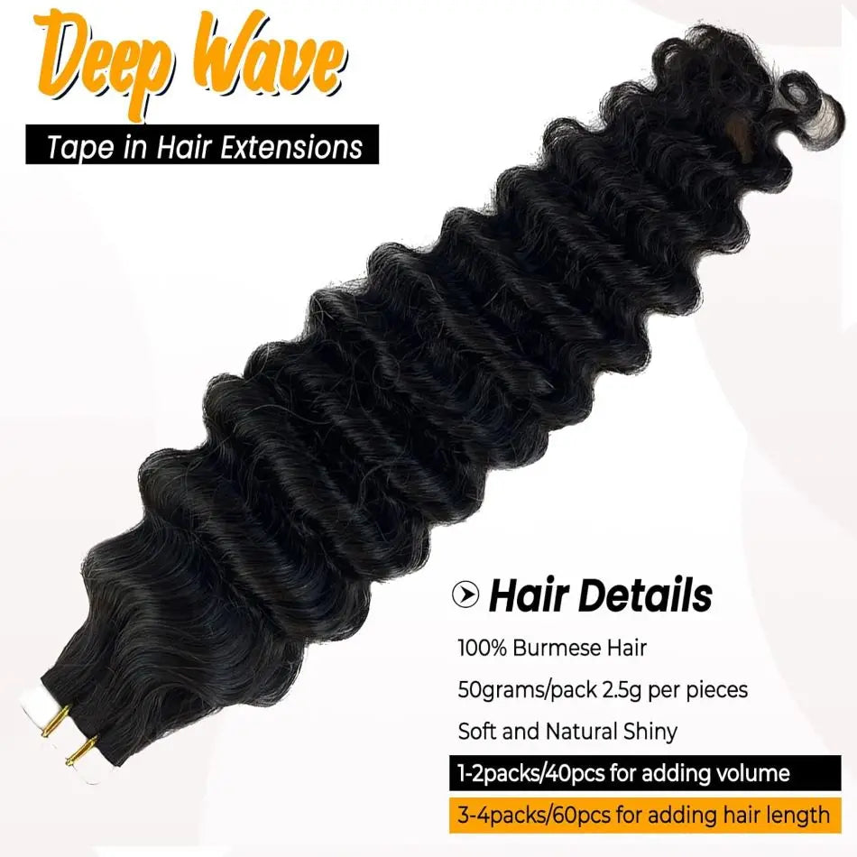 Deep Wave Tape in Extensions 100% Human Hair Deep Curly Tape on Hair Extensions Skin Weft Remy Natural Hair Extensions #1B