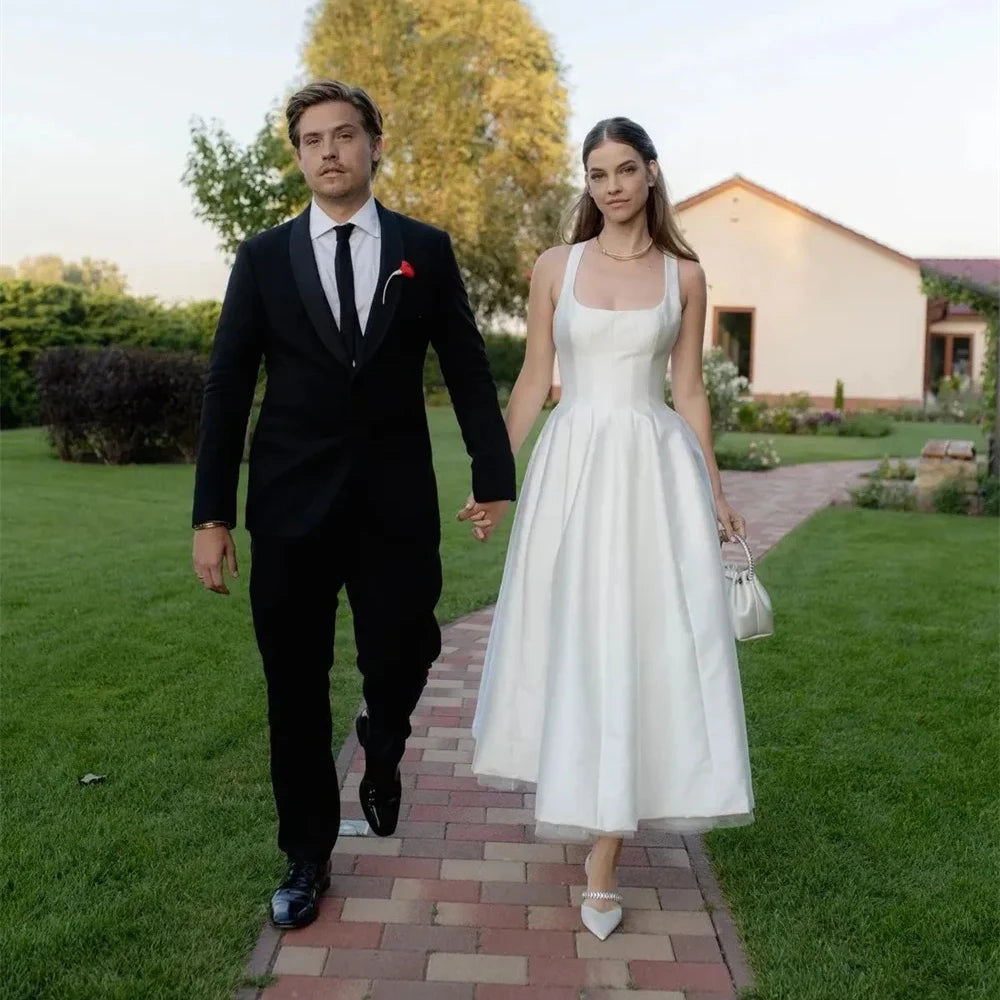 Toofgon Simple a Line Midi Satin Wedding Dresses Straps Bridal Gowns Customized Wedding Photo Shoot Wear Formal Party Prom Dress - My Store