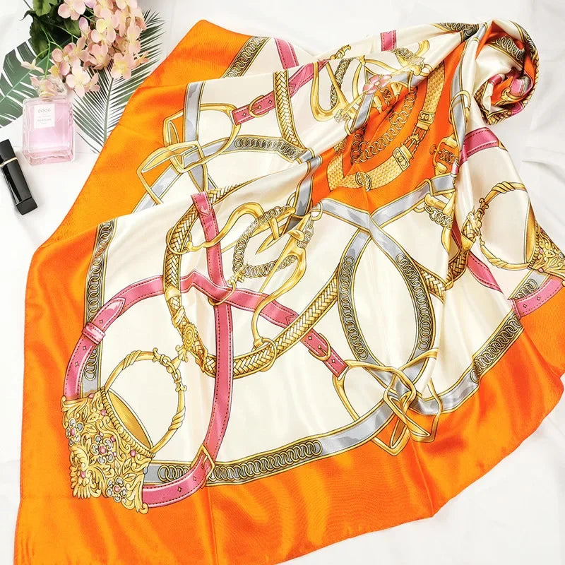 90cm Neckerchief Silk Satin Women Hijab Scaves Fashion Floral Print Headband Neck Scarfs Female Square Shawls Scarfs for Ladies