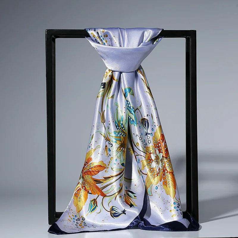 90cm Fashion Silk Satin Scarf for Women Headband Floral Print Kerchief Hijab Scarves Fermale Square Shawls and Wraps Neck Scarfs