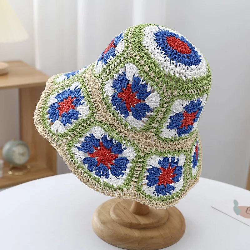 Casual Paisley Crochet Hat for Women Bohemian Knitted Bucket Hats National Straw Sun Hat for Girls Summer Beach Bali Hats 2022