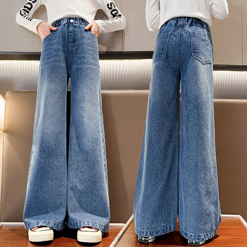 Jeans for Girls Kids Fashion Blue Wide Leg Pants 2025 Spring Autumn Children Korean Trousers Children's Clothing 6 8 10 12 14Yrs