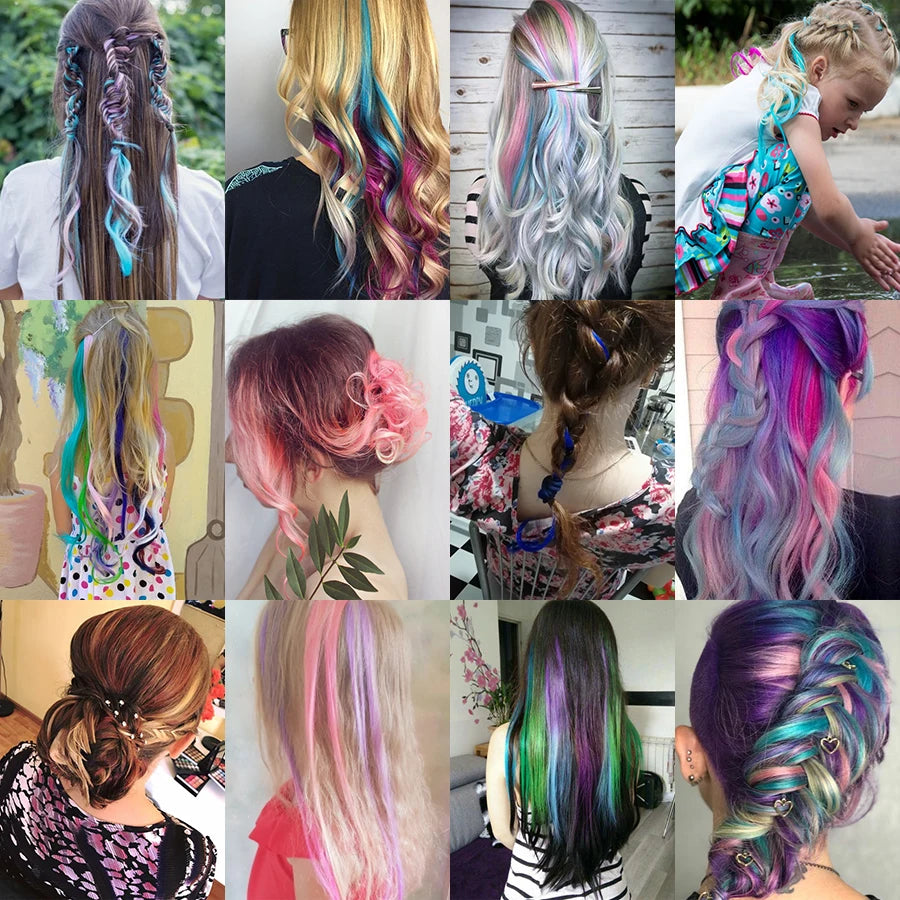 Party Hair Extensions Body Wave Ombre Hairpiece Synthetic Fiber Straight Strands Hair on Hairpins Rainbow Blend in Your Hair