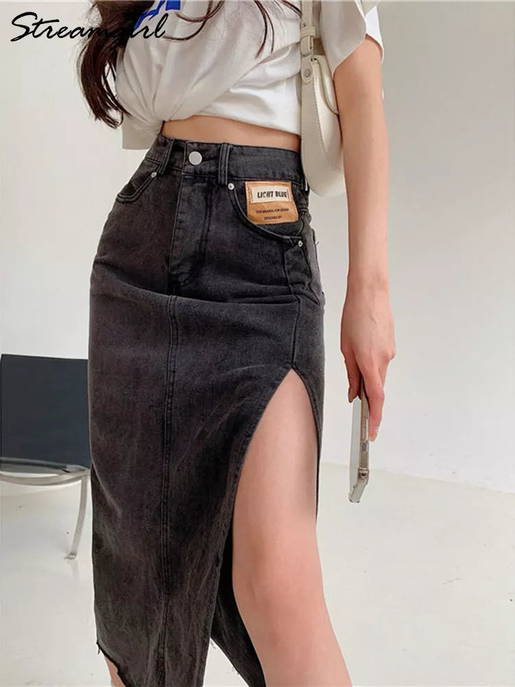 Streamgirl Maxi Jeans Skirt Women Denim Long Skirts Summer Vintage Maxi Skirt Side Split Denim Skirt Women Long Korean