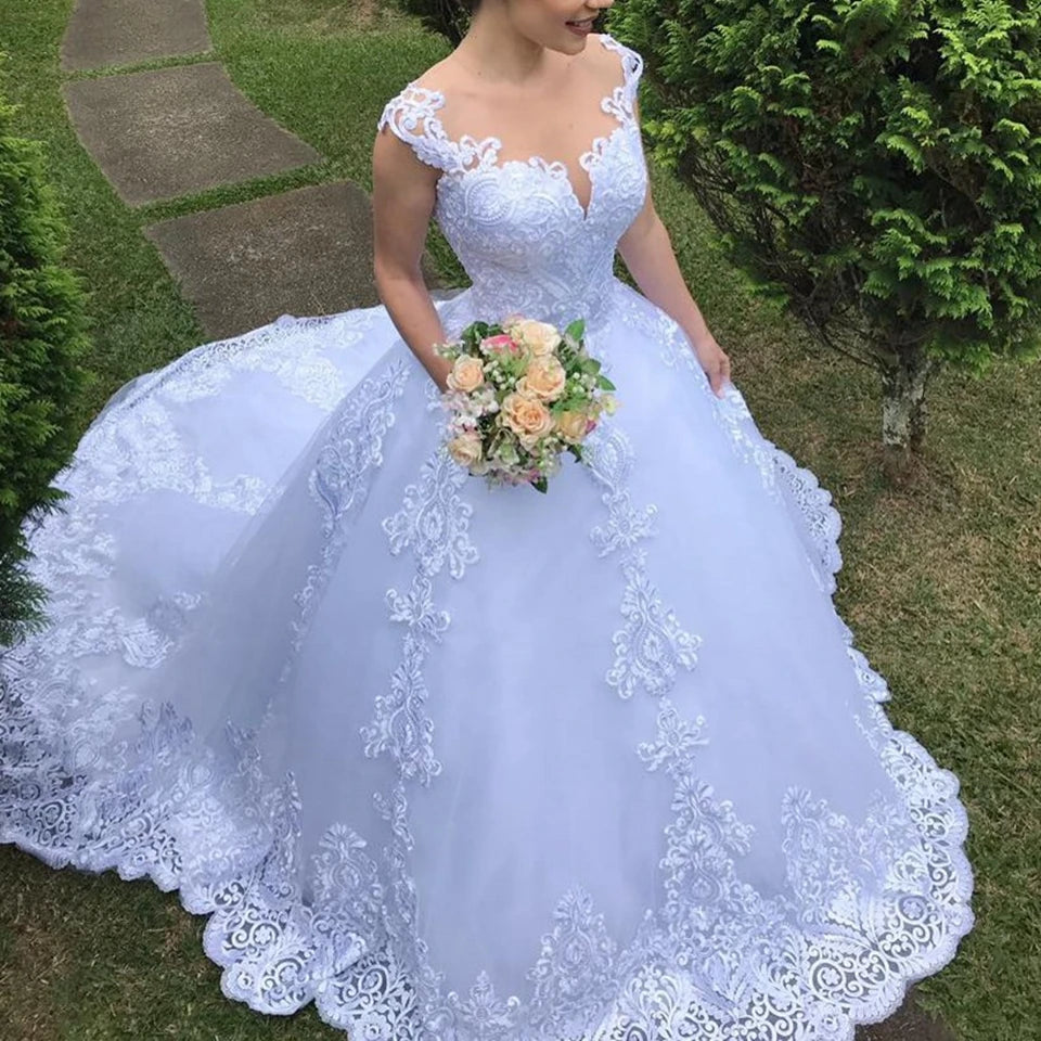 Customized 2025 New Illusion Ball Gown Long Wedding Dress Short Sleeves Bride Dresses Princess Tulle Elegant Wedding Gowns - My Store