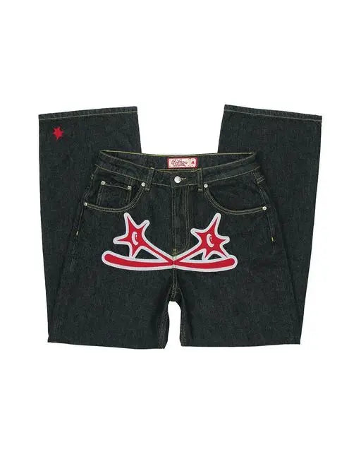 Y2k Men Retro Harajuku Clothing  New Baggy Casual Wide Leg Jeans Hip Hop Print Jeans Trend Fashion Black High Waist Jean