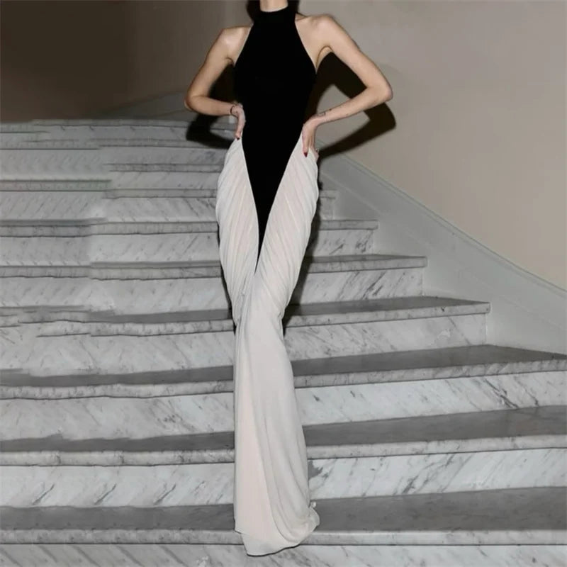 Womens Dresses New Color Blocking Patchwork Sleeveless Long Dress for Summer 2025 Elastic Slim Fit Backless Dress Party Dresses