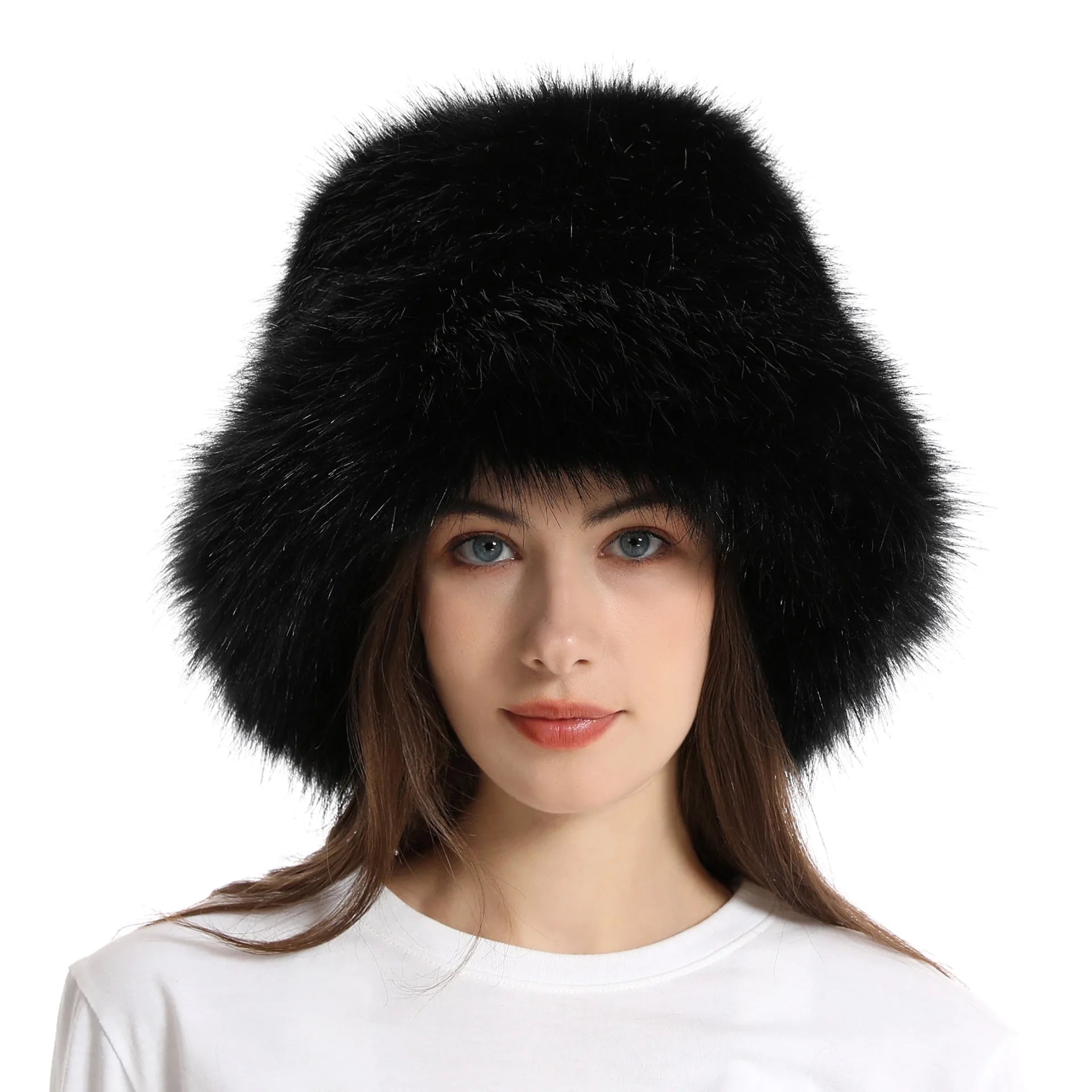 Warm Plush Bucket Hat Women Oversize Earflaps Fluffy Faux Fur Hats Fashion Furry Raccoon Fur Cotton Hat Winter Solid Color Hats