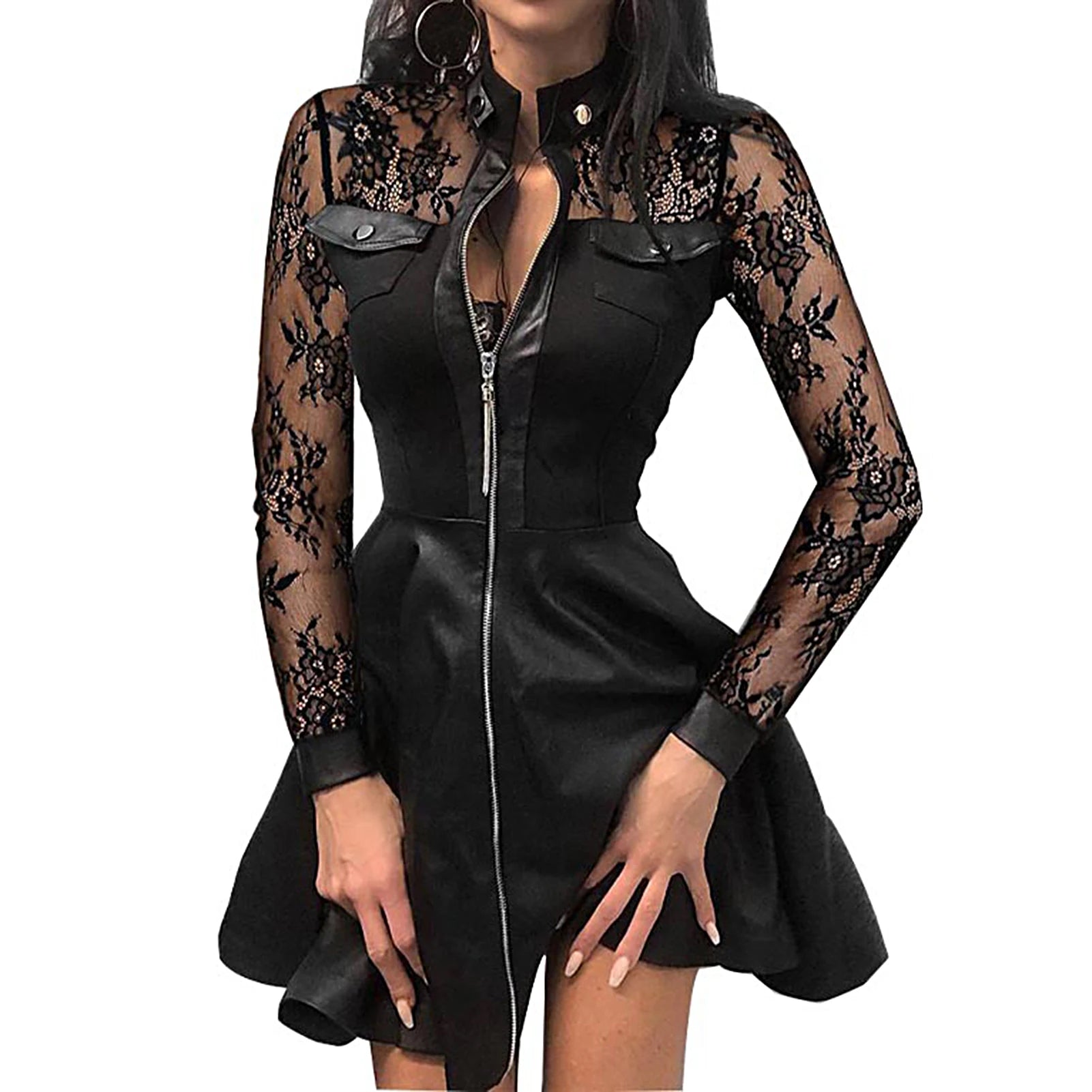 Fashion Dresses Women Lace Long Sleeve Zipper Pocket Large Hem Faux Leather Mini Dress Party Elegant Slim Sexy Women Dress