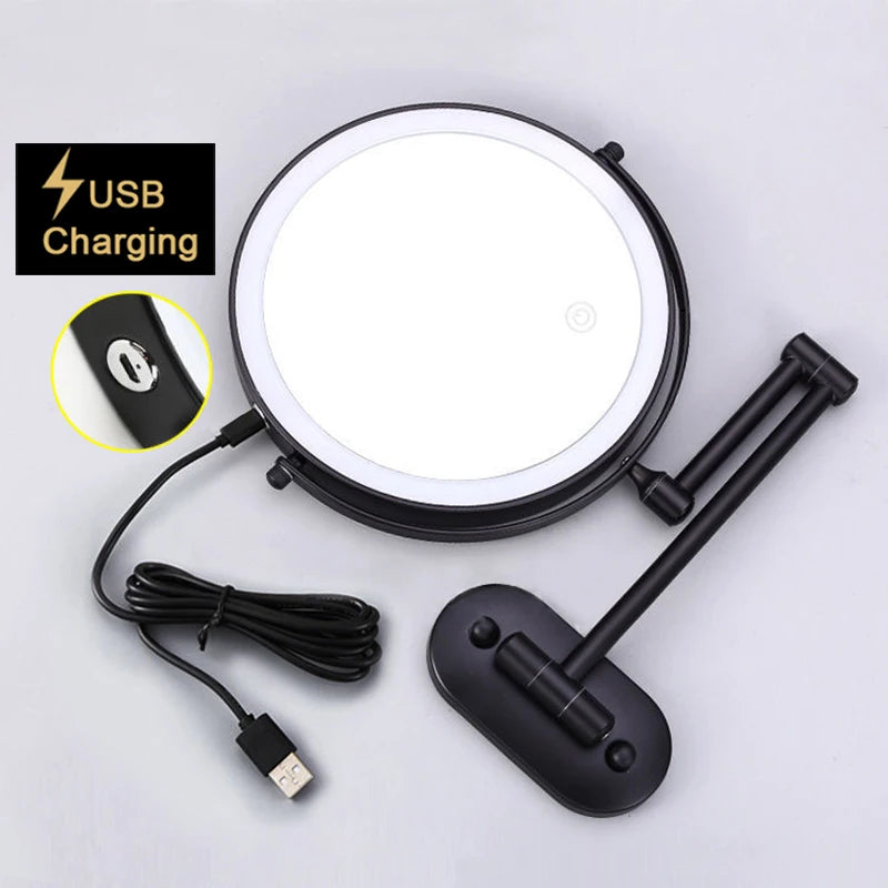 8 Inch Wall Mounted Makeup Mirror Black 3x-10x Magnifying 3 Color LED Light Double Side Bathroom Smart Shaving Cosmetic Mirrors