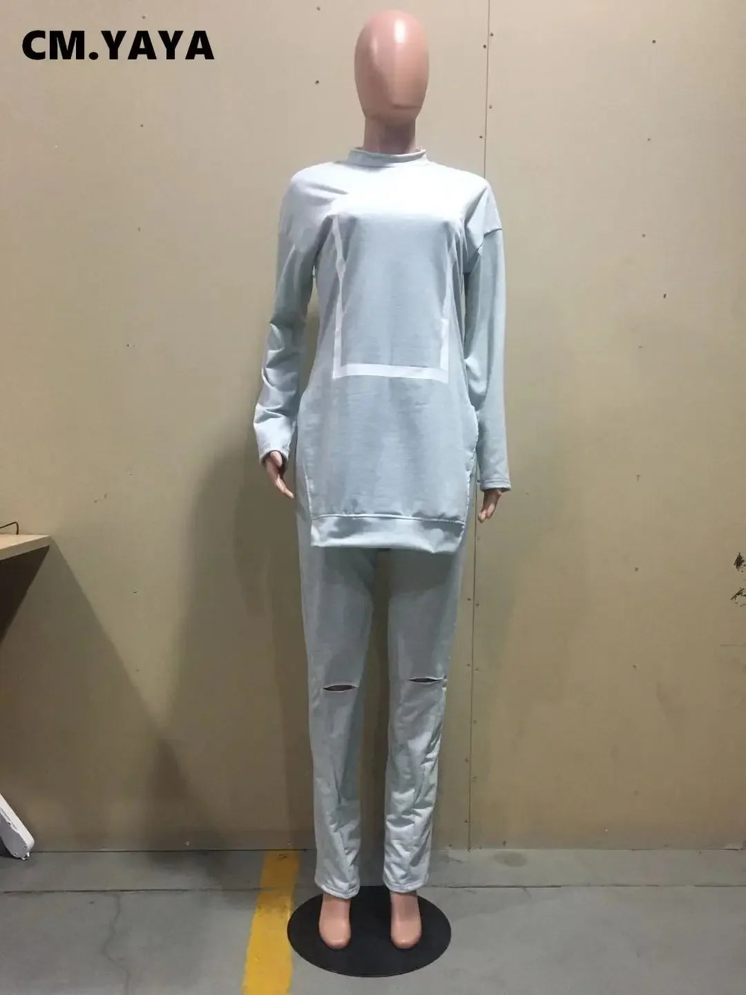 CM.YAYA Activewear Fleece Patchwork Women's Set Crewneck Sweatshirt + Hole Pants Suit Tracksuit Two Piece Set Fitness Outfit