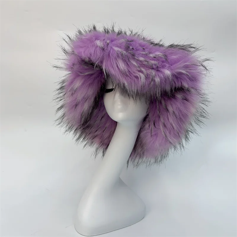 Winter Warm Plush Bucket Hat Women Oversize Earflaps Fluffy Faux Fur Hats Fashion Furry Raccoon Fur Cotton Hat Solid Color Hats