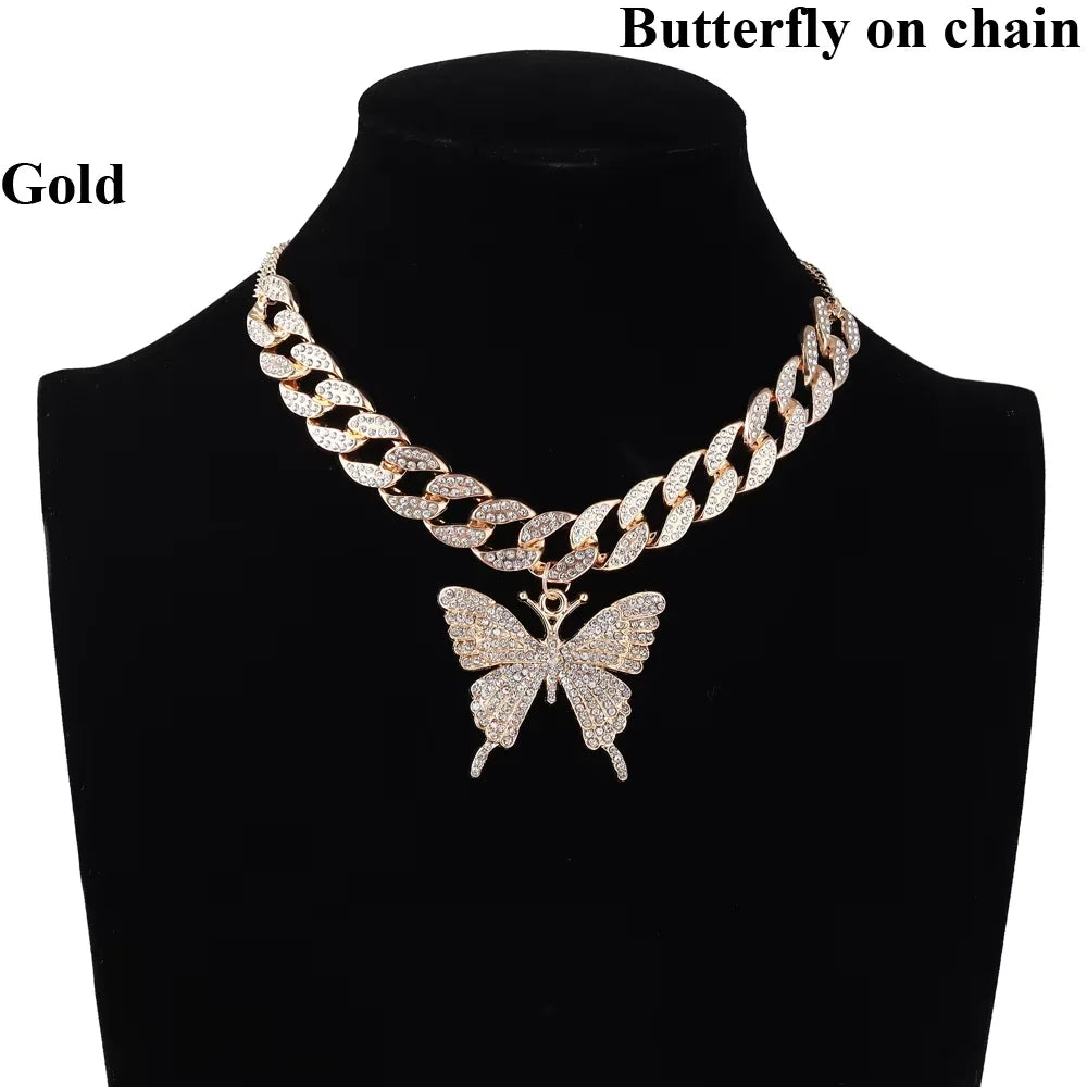 Pink Butterfly Necklace Chain  Jewelry Luxury Female Crystal Neck Pendants Women Rhinestones Jewellery Wholesale