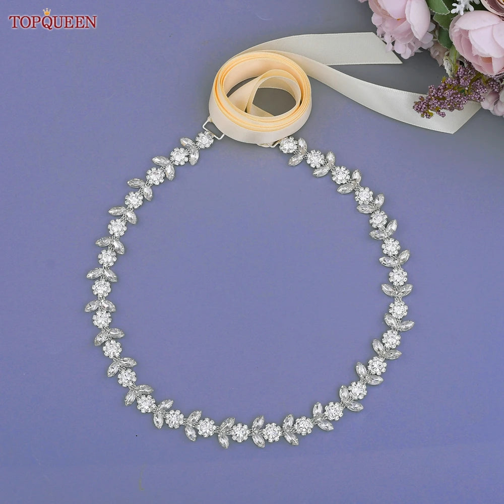 TOPQUEEN Rhinestone Belts for Bridal Dresses Silver Alloy Belt for Girls Cheap Diamond Wedding Belt Fancy Belt for Women S440