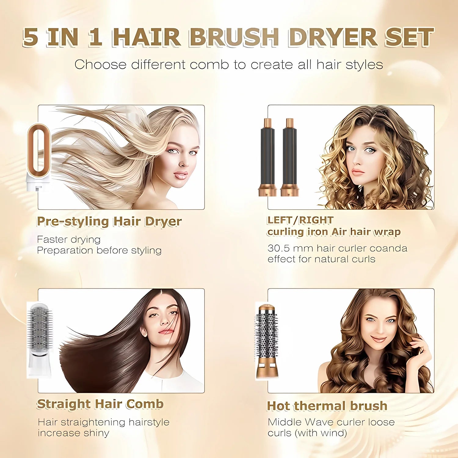 5 in 1 Electric Hair Brush Hair Dryer for Dyson Airwrap Automatic Curler Hair Straightener Hot Air Comb Hairdressing Appliance