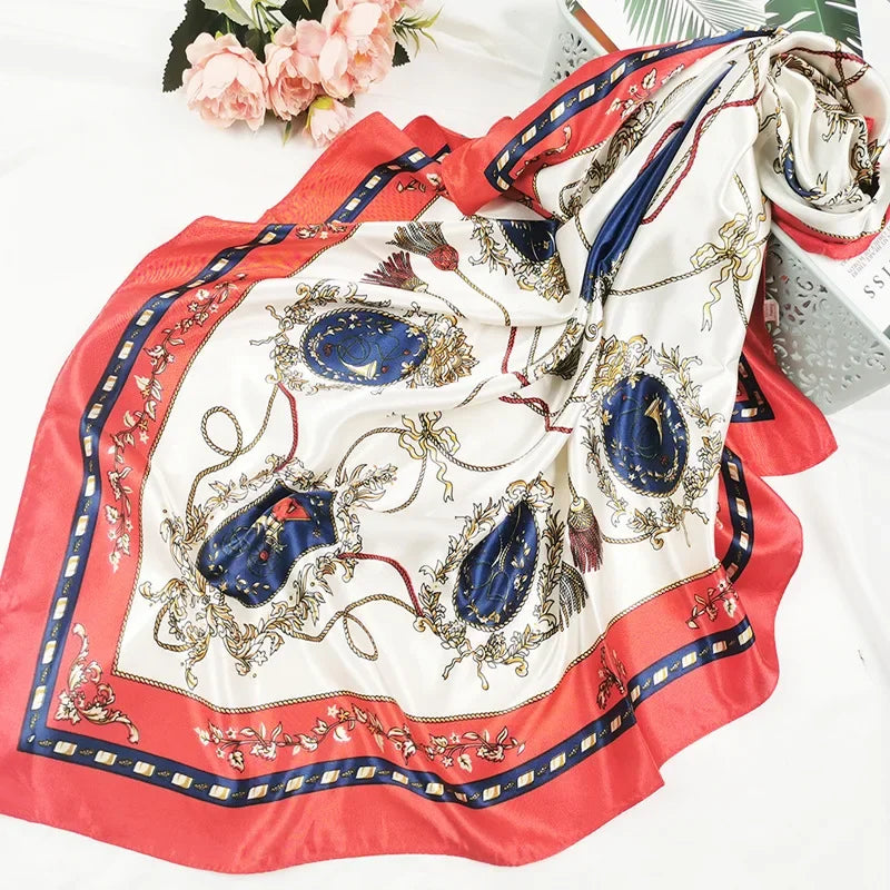 90cm Neckerchief Silk Satin Women Hijab Scaves Fashion Floral Print Headband Neck Scarfs Female Square Shawls Scarfs for Ladies