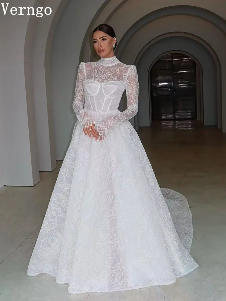 Verngo Elegant Lace Wedding Dress High Neck Full Sleeves Bride Dress Women Modest Bridal Gowns Customized - My Store