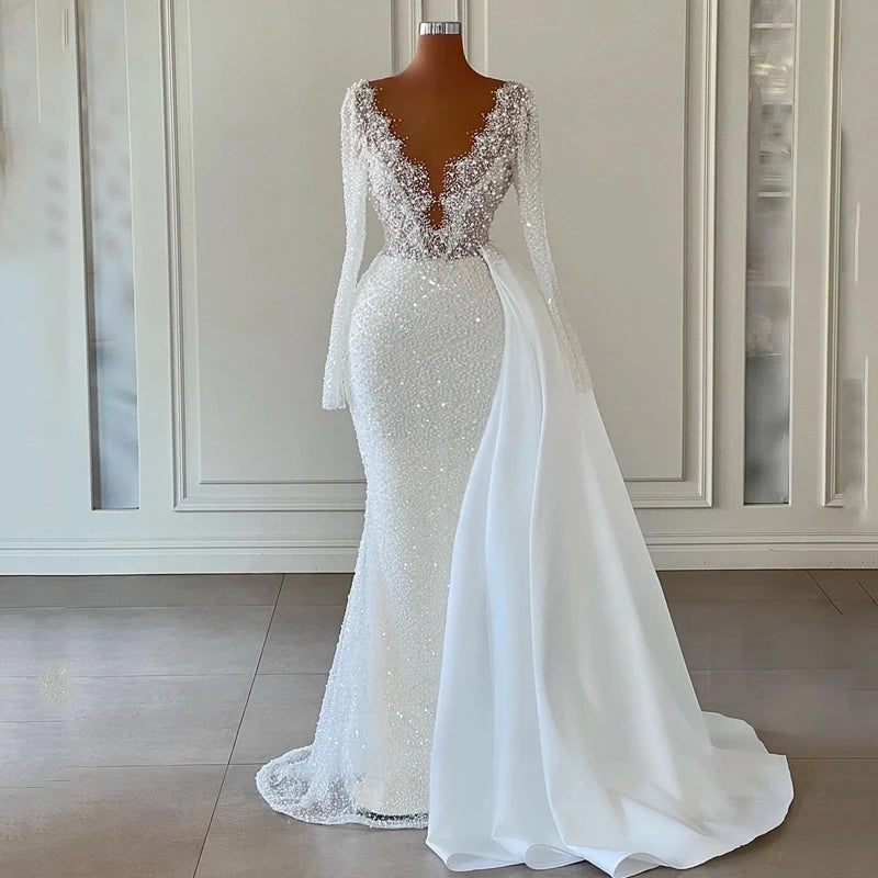Eightre White Mermaid Wedding Dresses Boho Sequines Glitter Bride Dress V-Neck Long Sleeve Wedding Evening Prom Gowns Customized - My Store