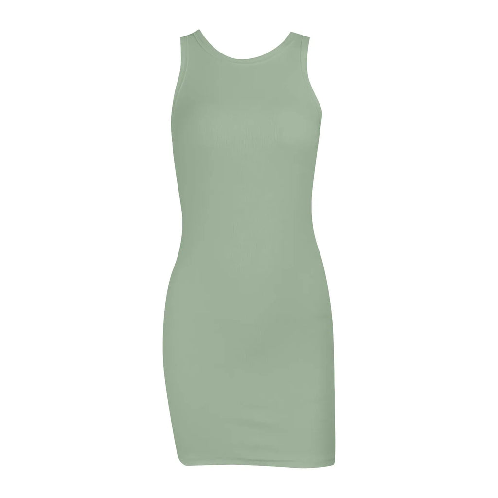Women'S Sleeveless Summer Dresses Qutfits Slim Dress Sexy Solid Color O Neck Tank Dress Cotton Sport Wrap Buttocks Dresses