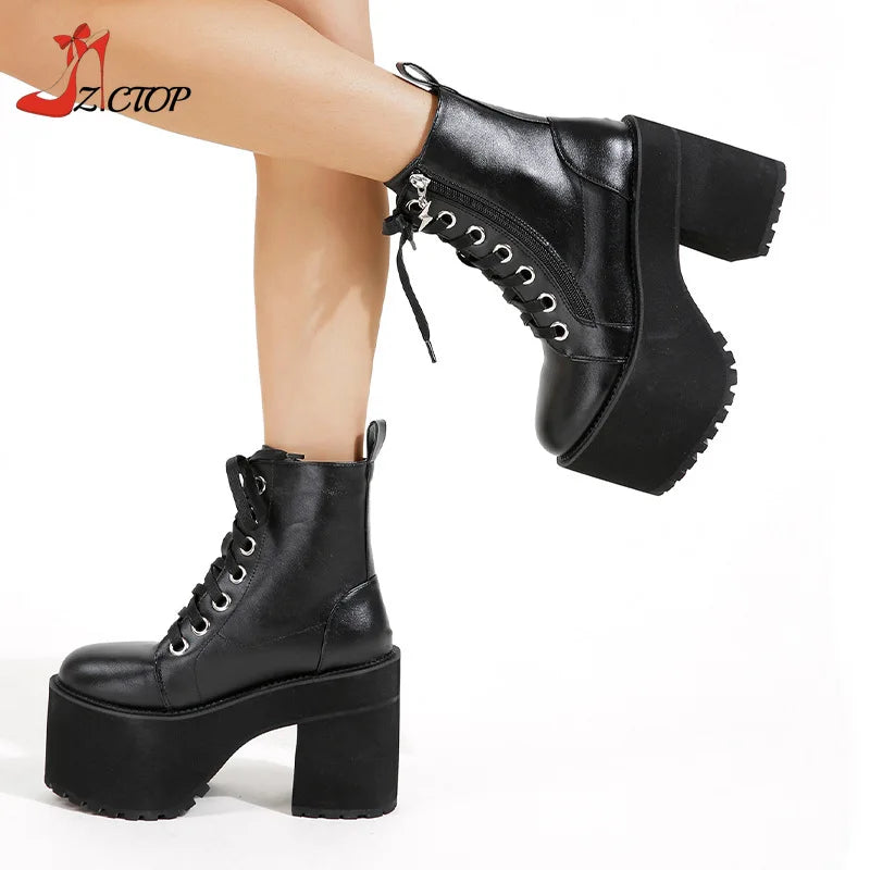 Women Platform Boots High Chunky Heel Ankle Boots Black Punk Style Lace Up Motorcycle Boot Lady Autumn Winter Shoes Big Size 43