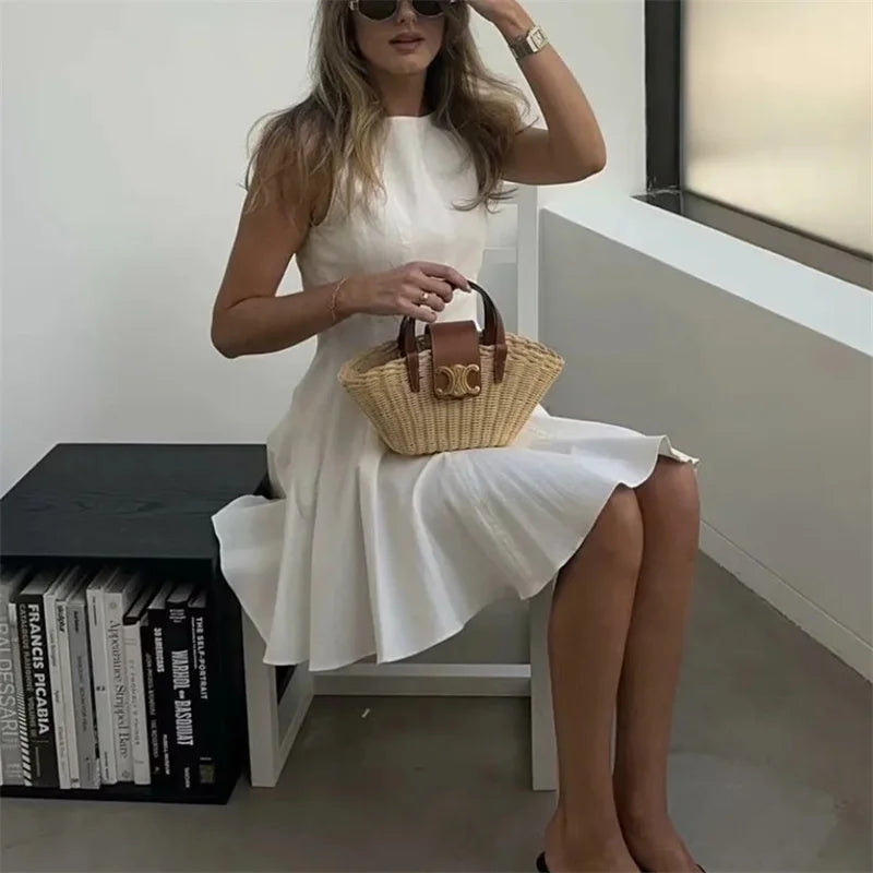 MUJER White Ruched Short Dresses for Women 2025 Sleeveless Mini Dress Woman Summer Elegant Party Dresses Pleated Holiday Dress