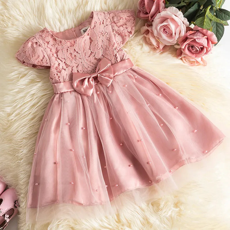 Baby Girls Dress for Summer Flower Lace Vestidos Wedding Party Kids Dresses for Girls Pearls Tulle Princess Children's Dresses - My Store