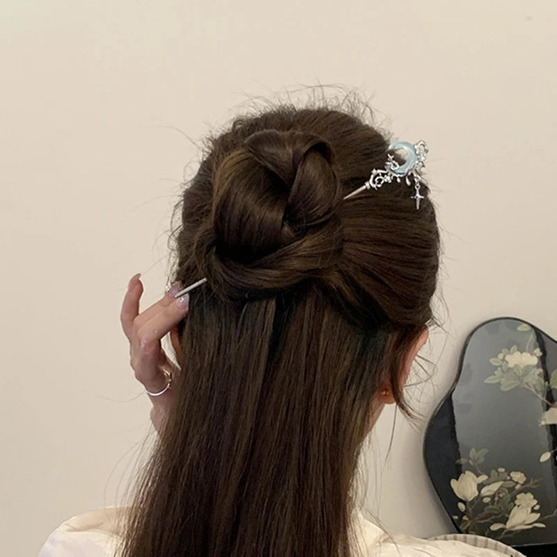 Romantic Moonstone Star Moon Hair Stick Metal Branch Hairpin Hair Fork Chinese Style Hair Accessories for Girls Hair Jewelry