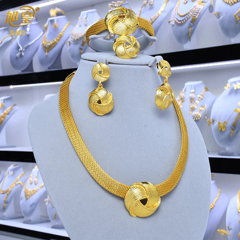 XUHUANG African Necklaces Bracelets Earing Sets Nigerian Wedding Jewelry Set Ethiopian Gold Colour Necklace Jewellery Set Gifts